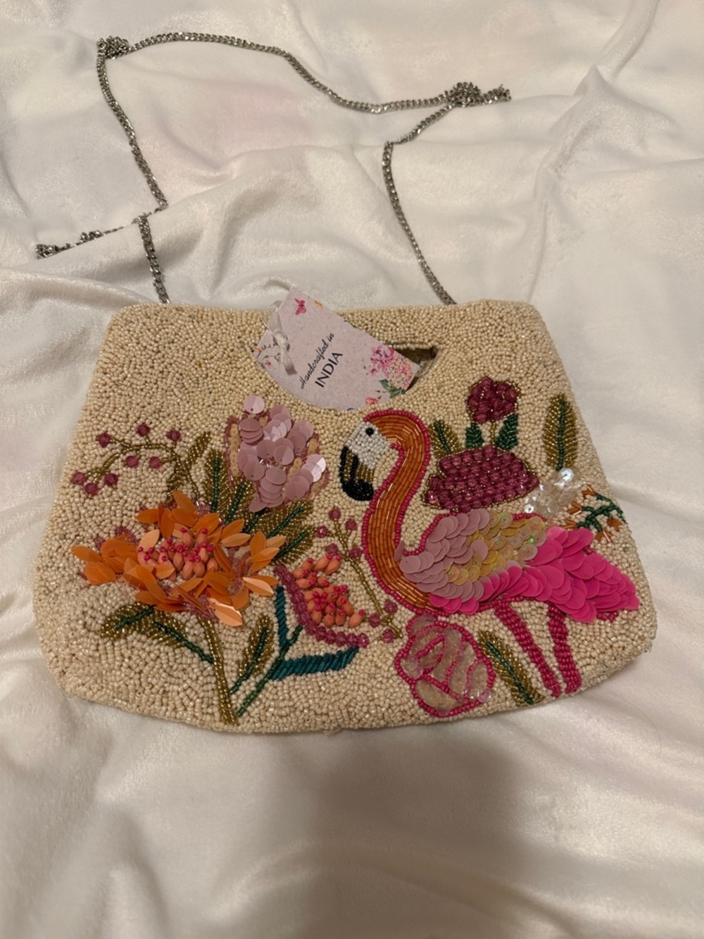 Beaded Flamingo Crossbody Bag - Pink & Cream